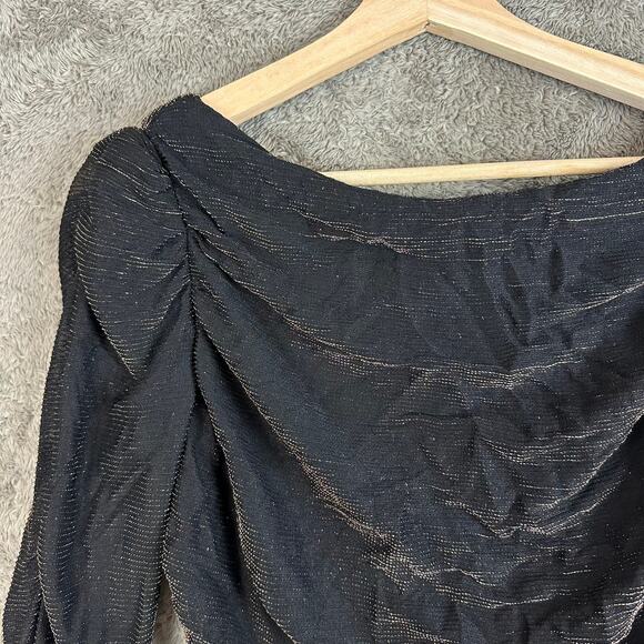 Vintage 80s Ruched Black Gold Metallic Mini Dress Long Sleeve Sheath Size 7 8 - Picture 4 of 12